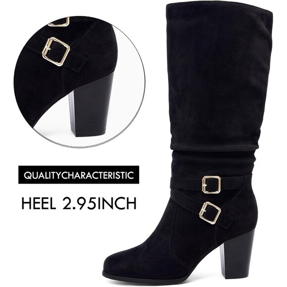 Women Black Mid Knee High Boots Chunky Heel Slouchy Metal Buckle Winter Shoes - Picture 4 of 5